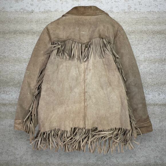 True Vintage 90s Western Suede Leather Jacket Mens M Tan Faux Fur Line Button Up - Picture 2 of 6